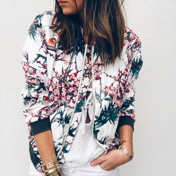 Fashion Retro Floral Print Women Coat Casual Zipper Up Bomber Jacket Ladies Casual Autumn Outwear Coats Women Clothing Green White Red Blue